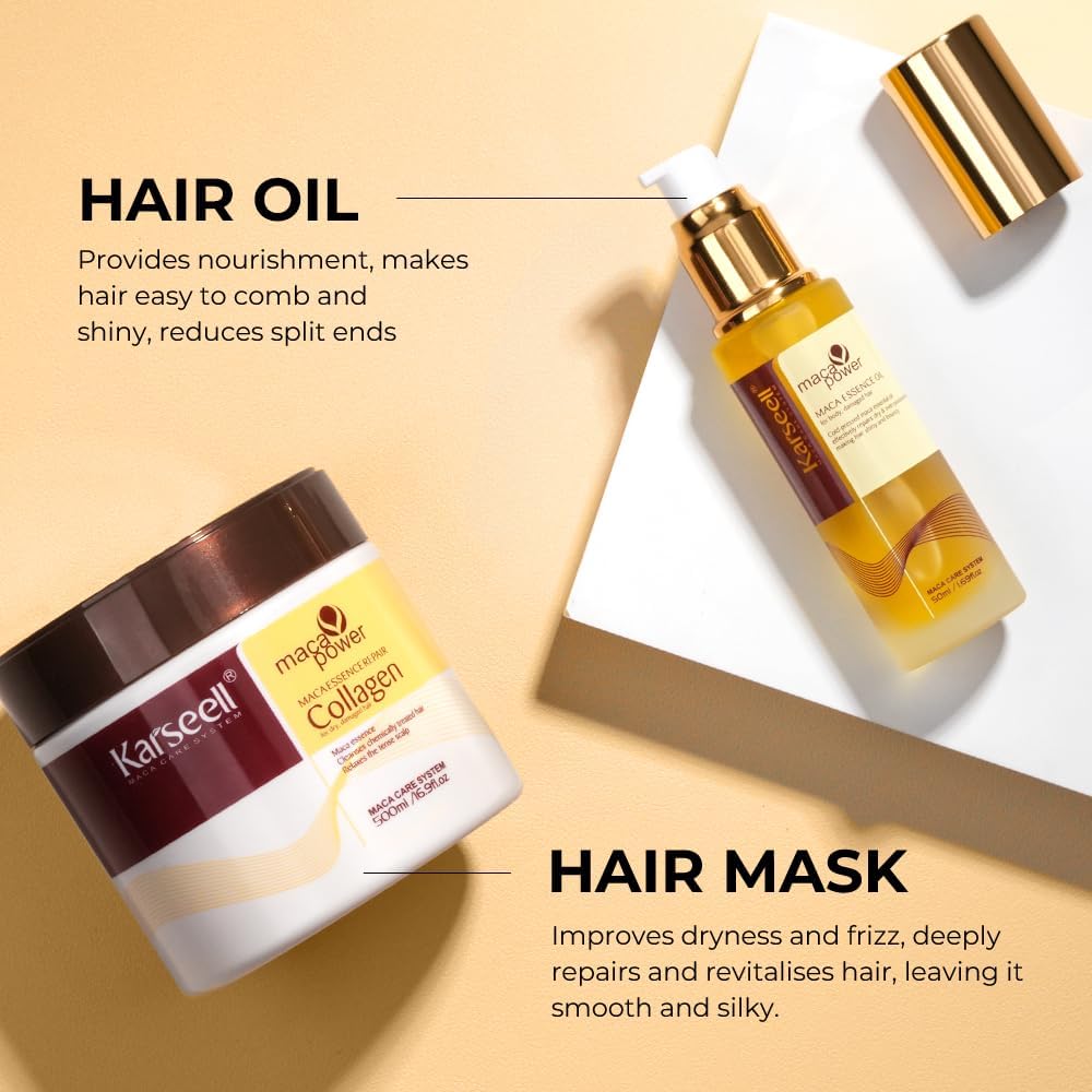 Karseell Collagen Maca Essence Repair Set, Collagen Hair Mask 500ml & Maca Essence Hair Oil 50ml, Argan Oil Hair Treatment for Dry Damaged Hair All Hair Types