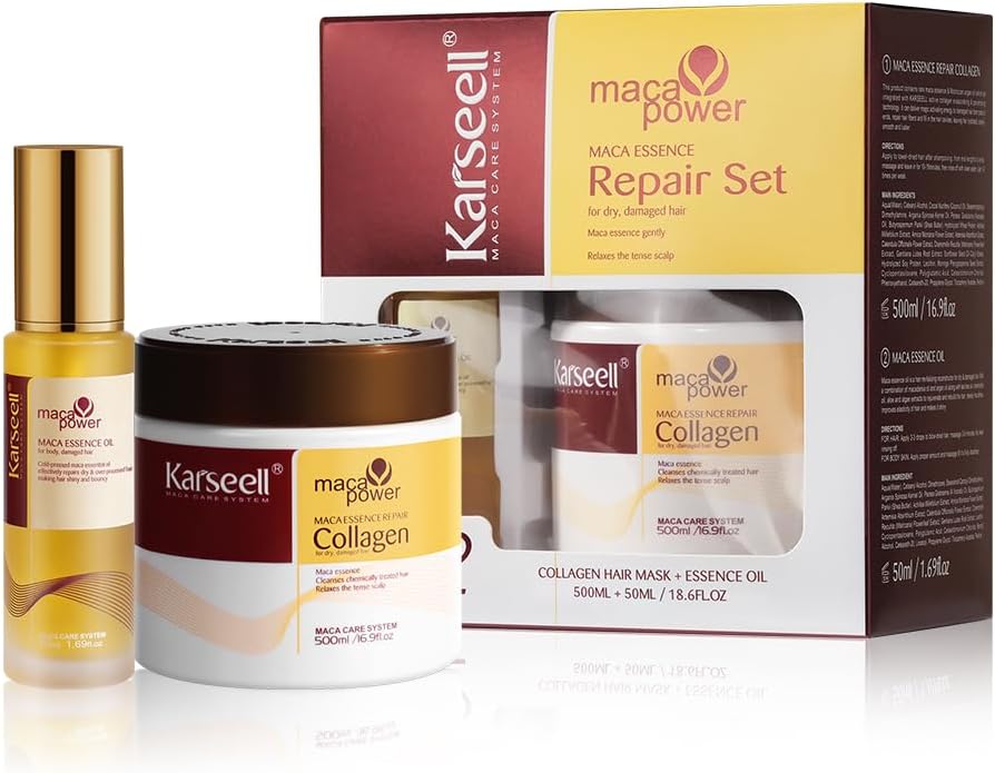Karseell Collagen Maca Essence Repair Set, Collagen Hair Mask 500ml & Maca Essence Hair Oil 50ml, Argan Oil Hair Treatment for Dry Damaged Hair All Hair Types