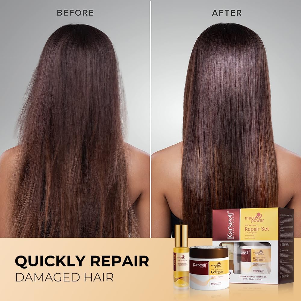 Karseell Collagen Maca Essence Repair Set, Collagen Hair Mask 500ml & Maca Essence Hair Oil 50ml, Argan Oil Hair Treatment for Dry Damaged Hair All Hair Types