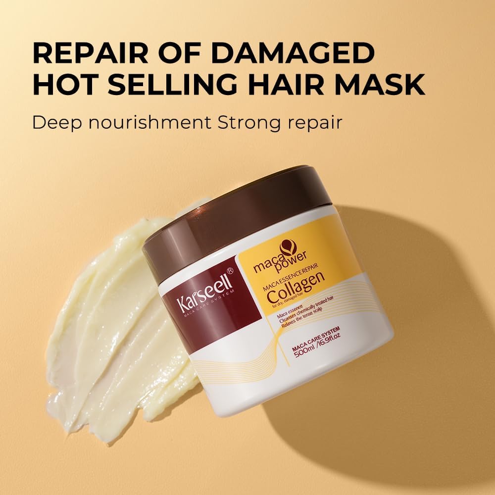 Karseell Collagen Maca Essence Repair Set, Collagen Hair Mask 500ml & Maca Essence Hair Oil 50ml, Argan Oil Hair Treatment for Dry Damaged Hair All Hair Types